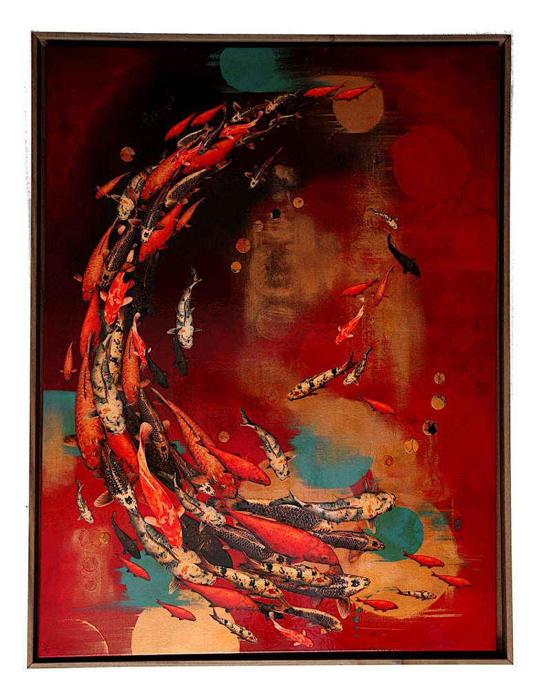 Image of Original Canvas - Koi on Crimson with Turquoise and Gold - 36" x 48"