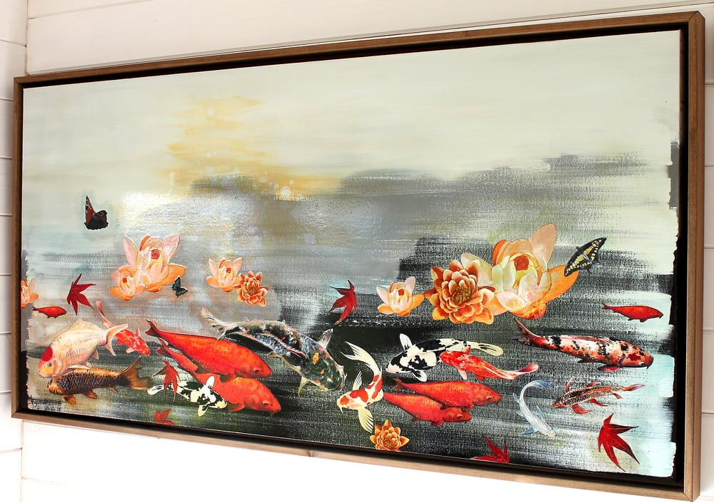 Image of Original Canvas - Koi and Lilies on Grey/Black - 24" x 48"