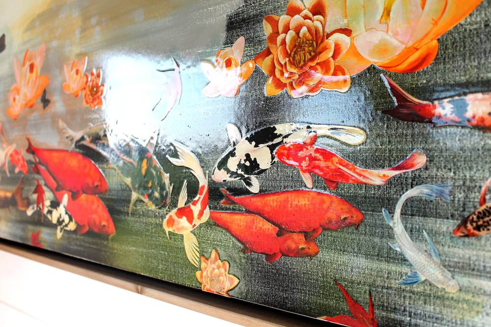 Image of Original Canvas - Koi and Lilies on Grey/Black - 24" x 48"