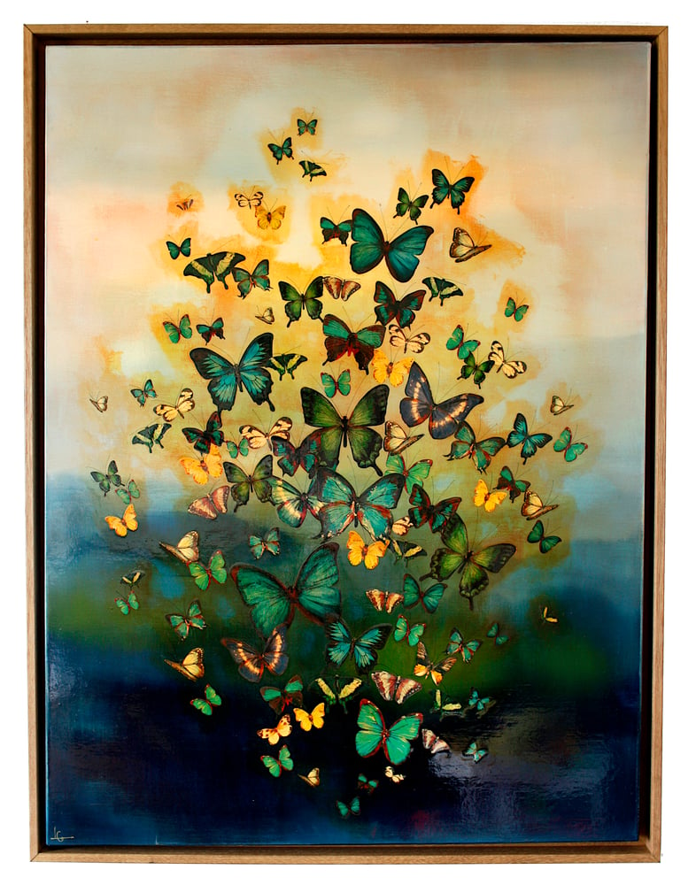 Image of Original Canvas - Butterflies on Prussian Blue Tones - 30" x 40"