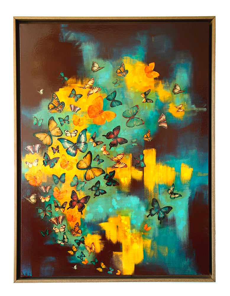 Image of Original Canvas - Butterflies on Burnt Sienna/Turquoise/Yellow Ochre