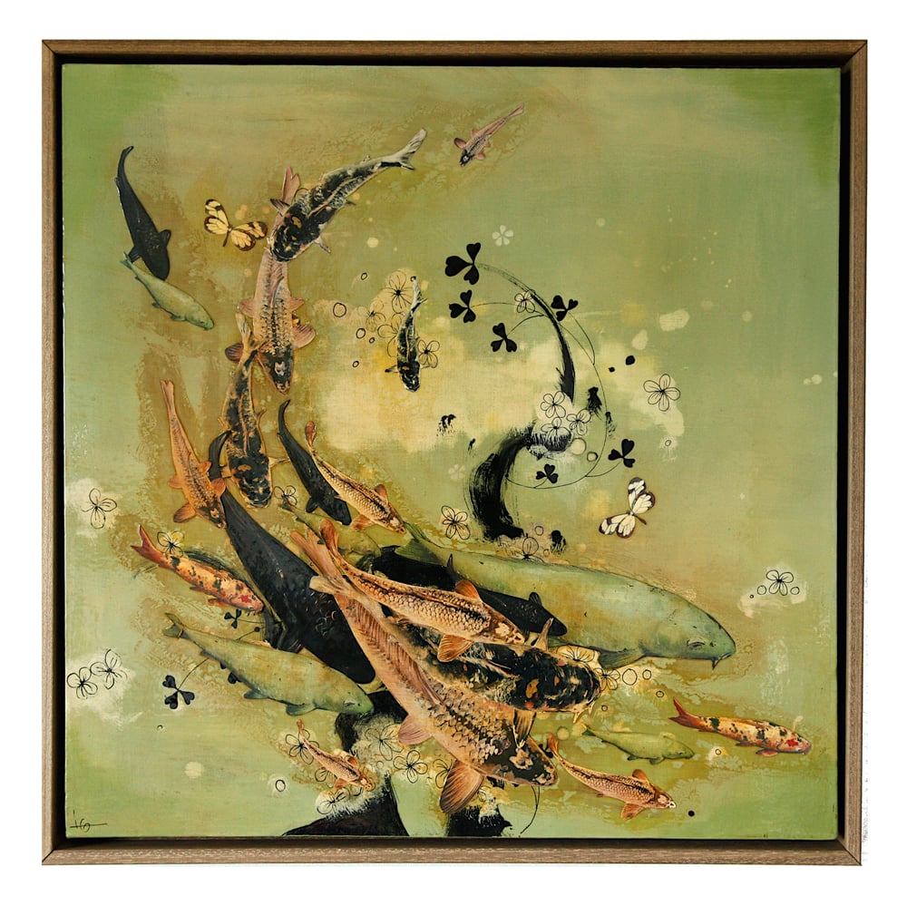 Image of Original Canvas - Koi and Blossoms on Eau de Nil - 60cm x 60cm