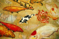 Image 4 of Original Canvas - Koi and Lilies with Reflections of Honesty - 30" x 30"