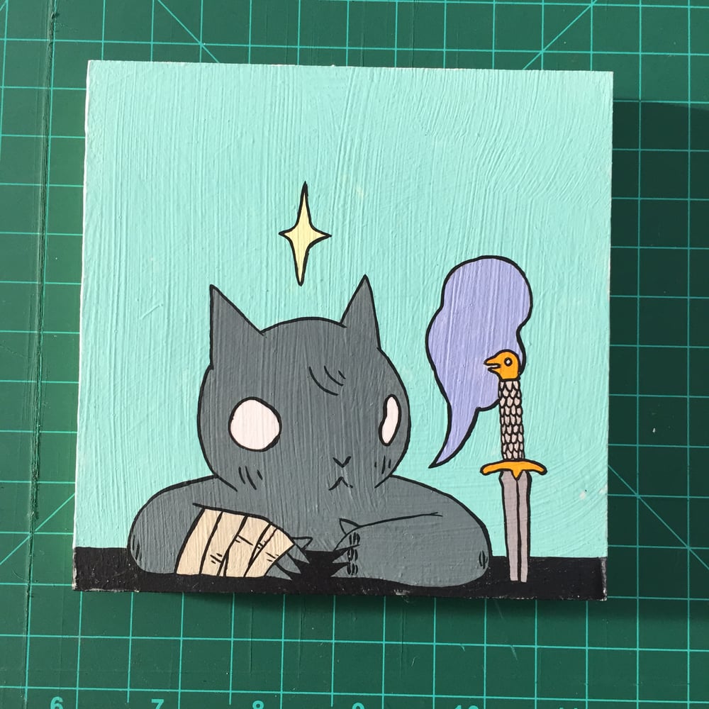 Image of Cat with Knife in Table Painting 
