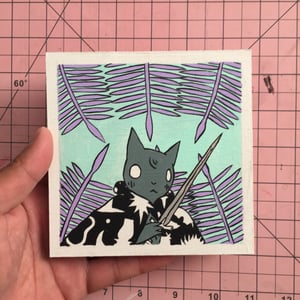 Image of Caped Cat with Sword and Palm Leaves Painting 