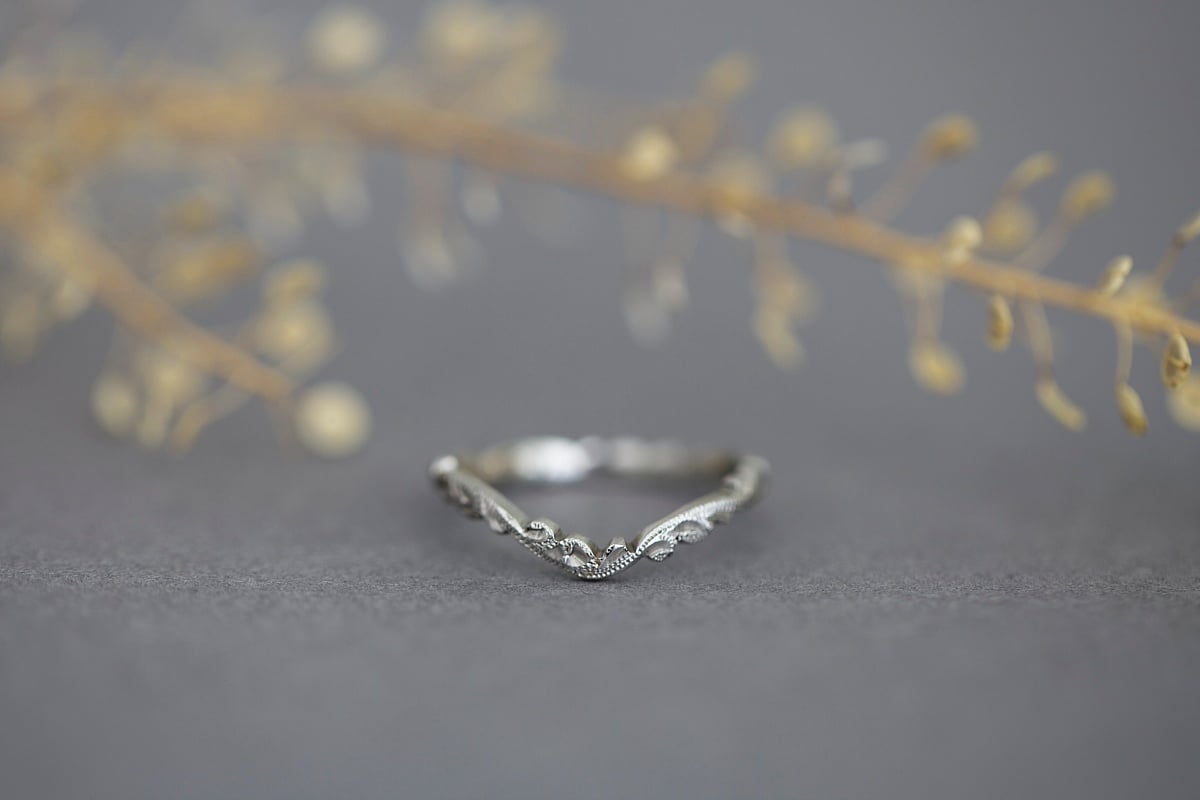 Image of Platinum 2mm floral carved wishbone ring