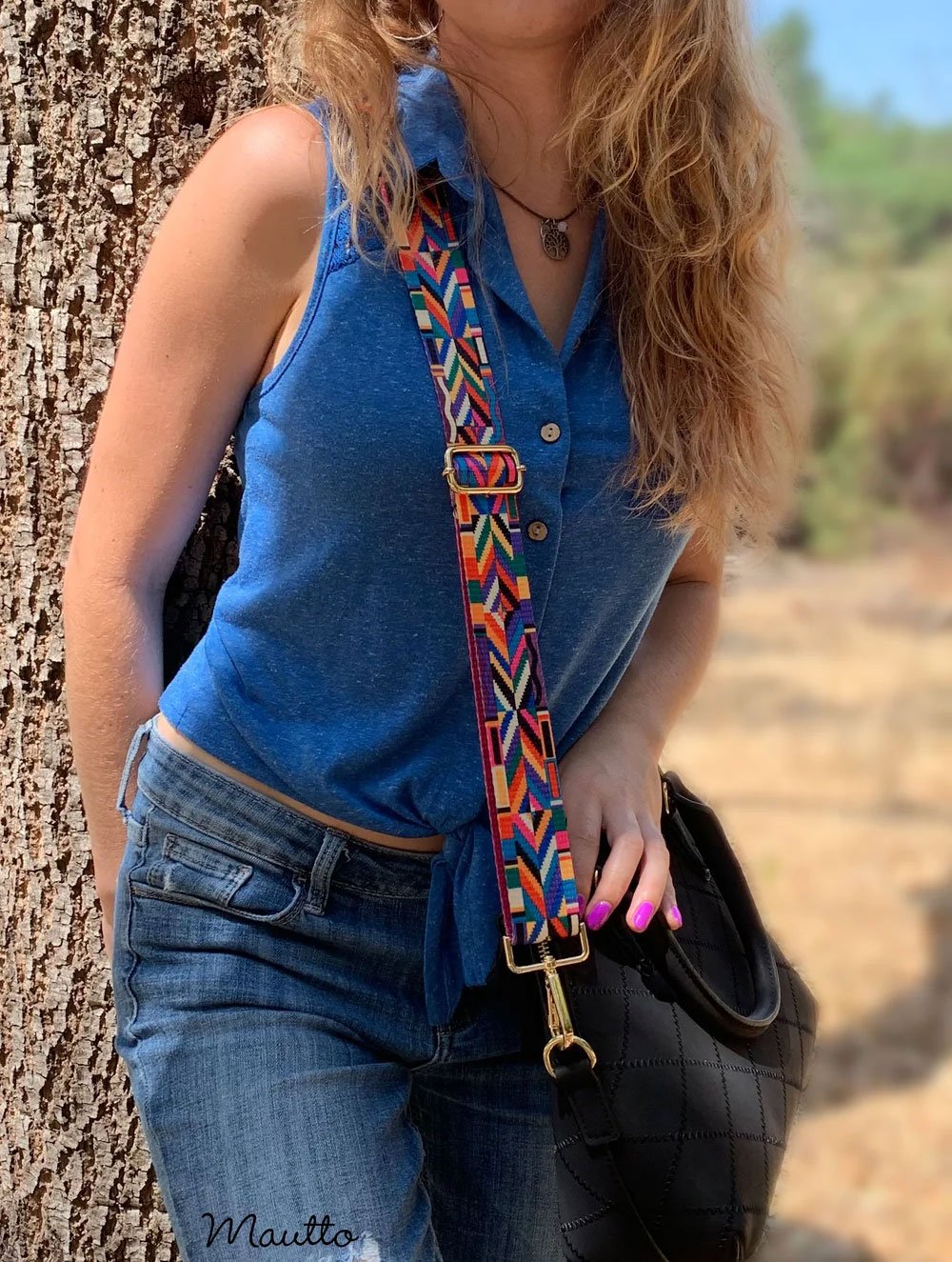 Image of Colorful Geometric Strap for Handbags - Tribal Native Couture Design - Adjustable Shoulder-Crossbody