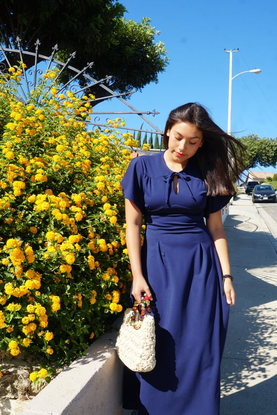 Image of Navy Blue Flutter Sleeve Dress