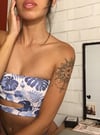 BANDEAU SARONG : BLUE PALMS X TEXTURED WHITE