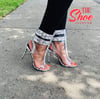 "Winnie" White snakeskin clear heels