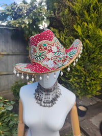 Image 3 of Dolly cowboy hat - recycled sari fabric Dark Red and green