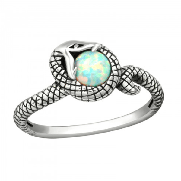 Image of Ophion fire snow opal snake ring (sterling silver)