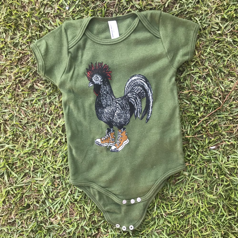 Image of Baby Cluck Taylor Onesie on Army Green 