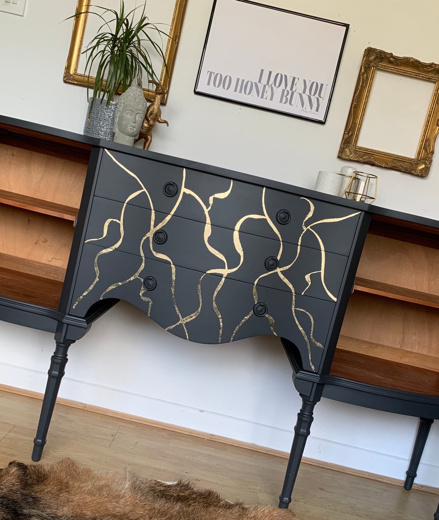 Image of A stunning dark grey & gold leaf sideboard 