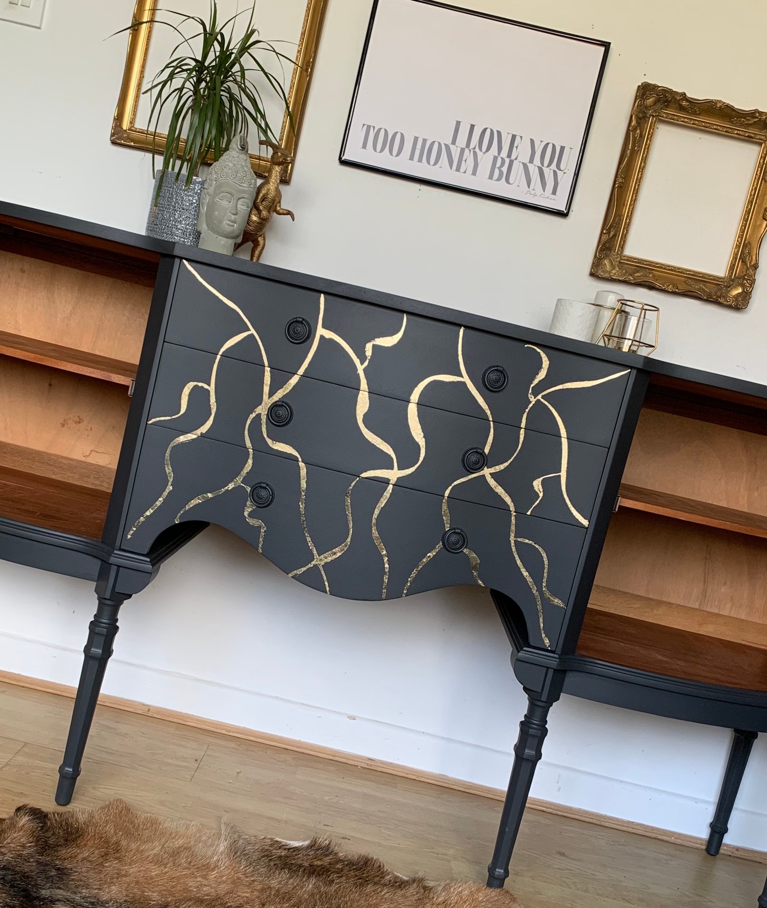 Image of A stunning dark grey & gold leaf sideboard
