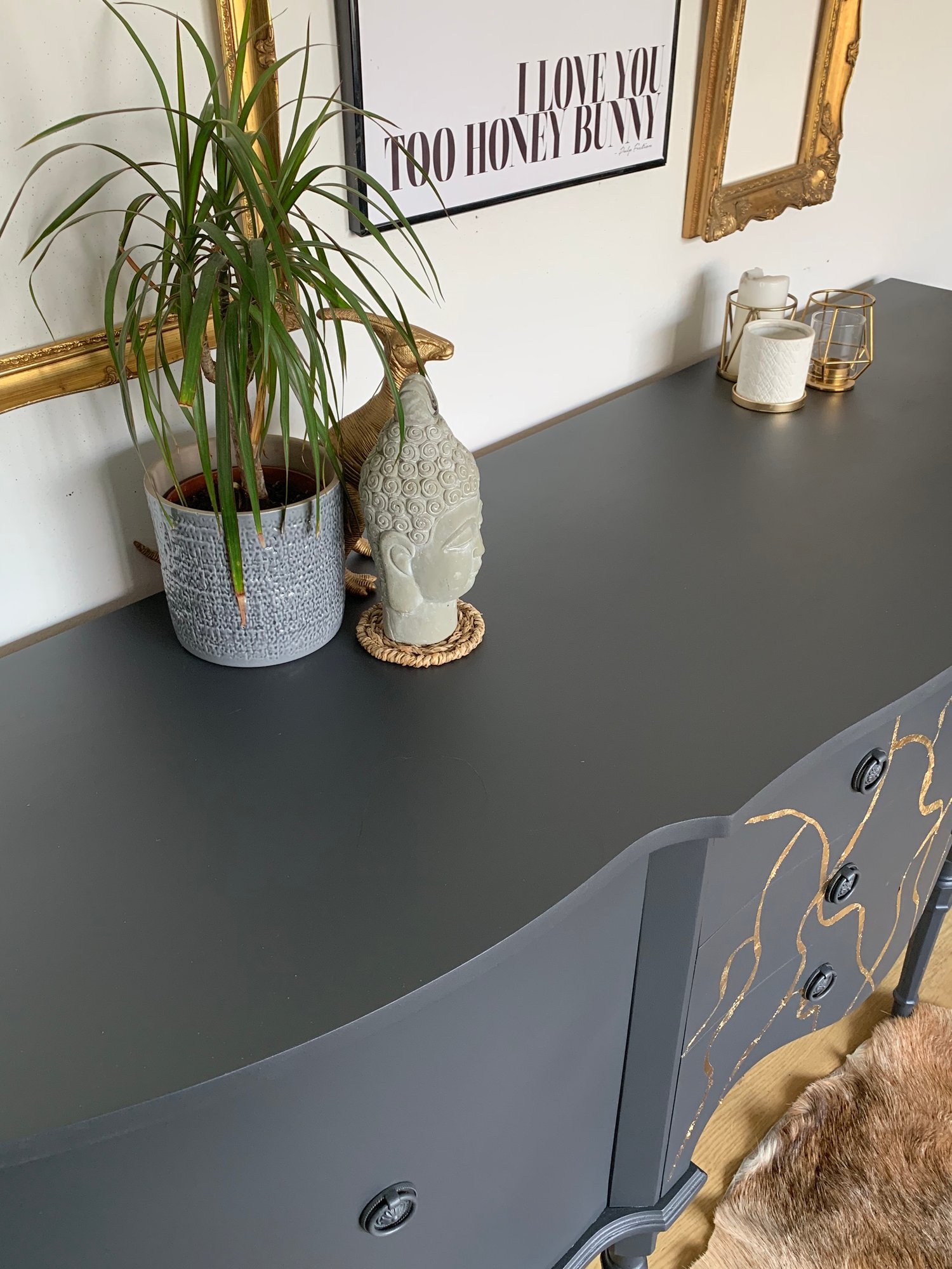 Image of A stunning dark grey & gold leaf sideboard 