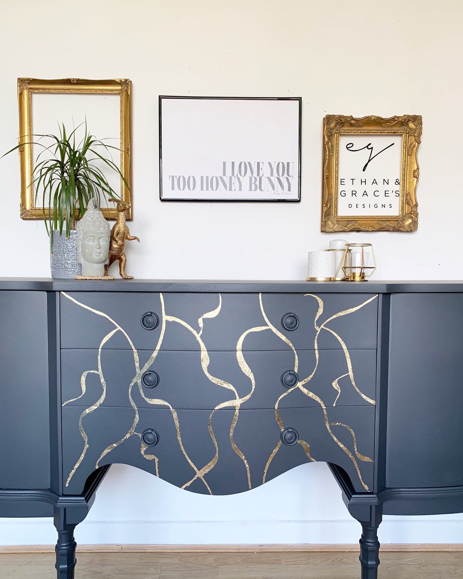 Image of A stunning dark grey & gold leaf sideboard