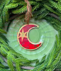 Image 1 of Red & Green Vintage Tin and Brass Moon Ornament