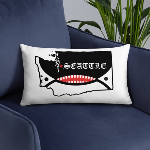 Image of Orca Face Seattle Flag Throw Pillow