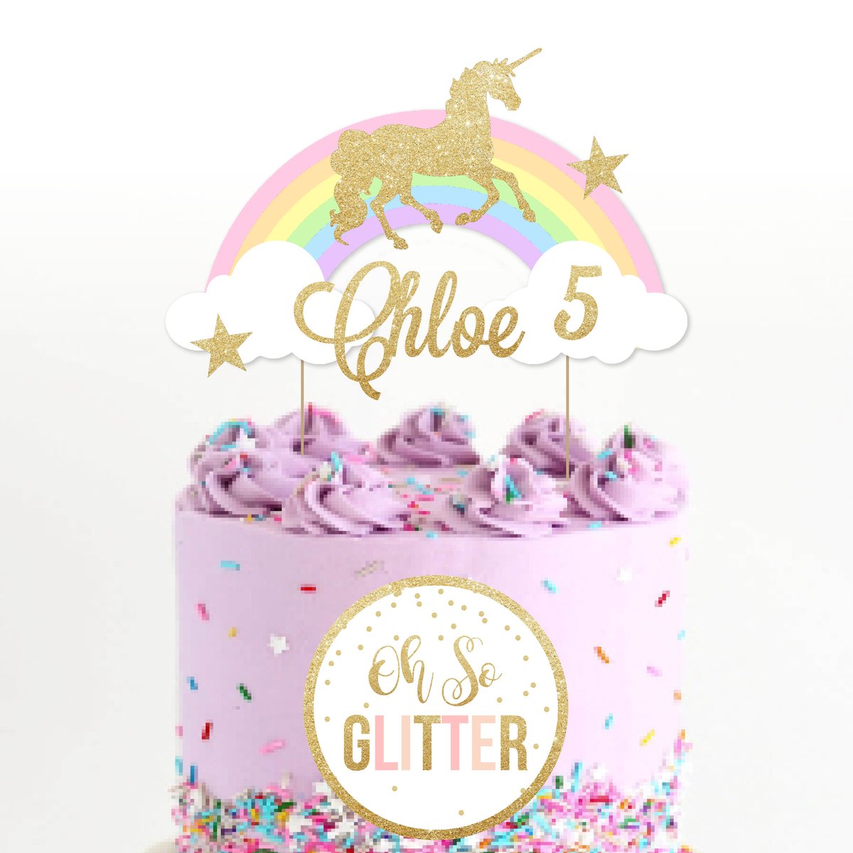 rainbow and unicorn customised cake topper oh so glitter