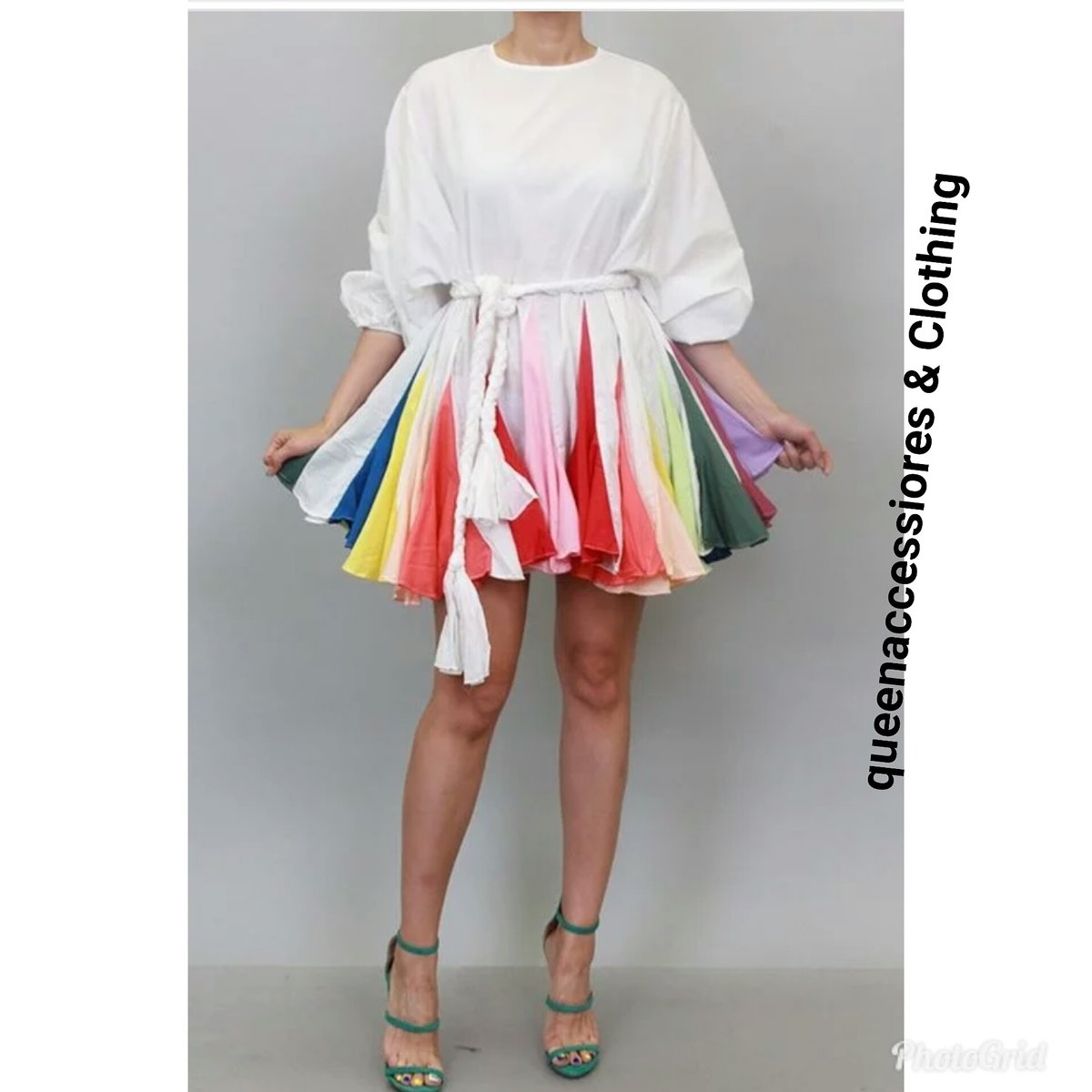 Image of White Tee Dress W/ Multiple Color bottom 