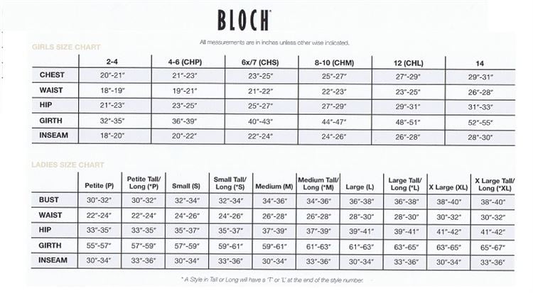 Bloch Size Chart Leotard