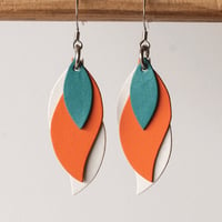 Image 1 of Handmade Australian leather leaf earrings - Teal, orange, white [LOT-185]
