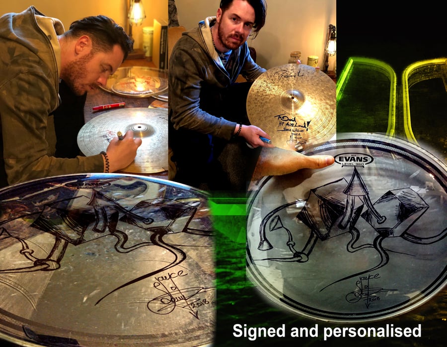 Image of Signed Drum Skin & Cymbals  