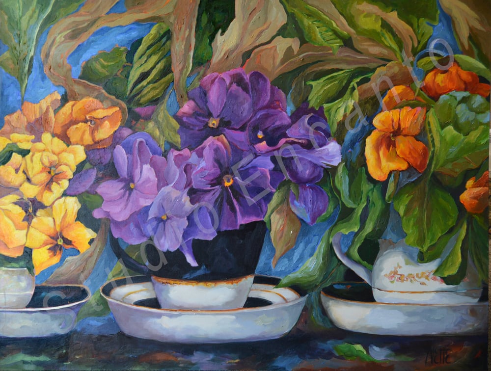 Image of Pansies and Teacups by Yvette Galliher