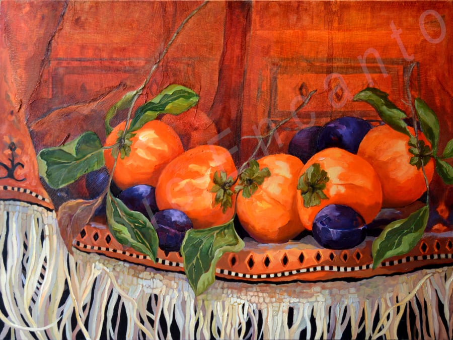 Image of Persimons and Plums by Yvette Galliher