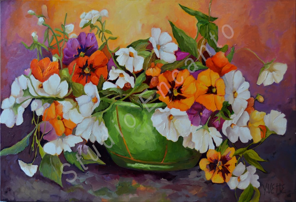 Image of Pansies and Green Container by Yvette Galliher