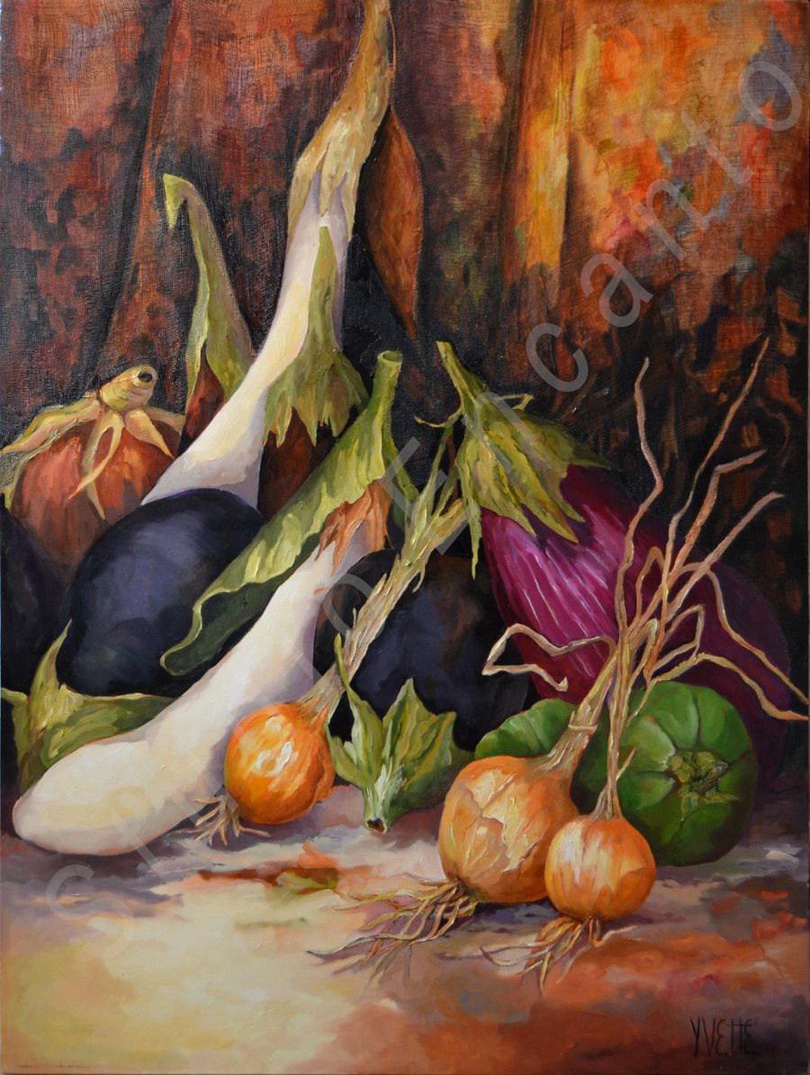 Image of Eggplants, Green Peppers Tapestry by Yvette Galliher
