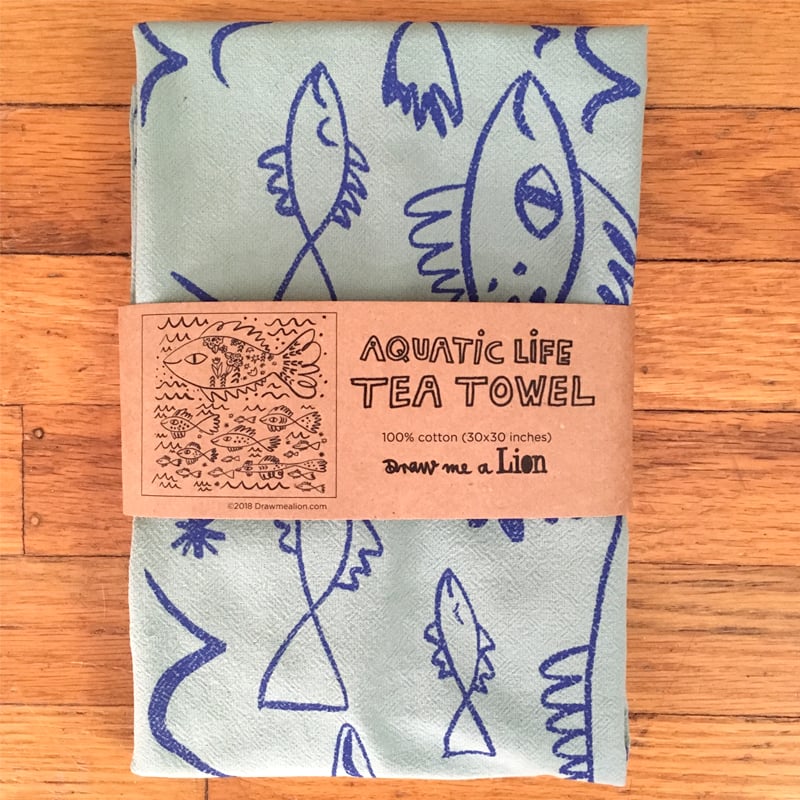 Image of Aquatic Life, Tea Towel, Green