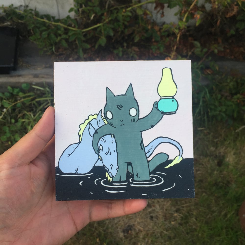 Image of Cat with Dragon in Arms Painting 