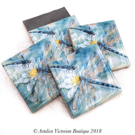 Dragonfly Ceramic Coasters Coffee Table Mats Blue Teal Mug Tea