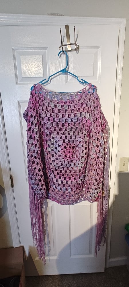 Image of Handmade Crochet Poncho with Fringe Purple & Pink Granny Square Boho Poncho 