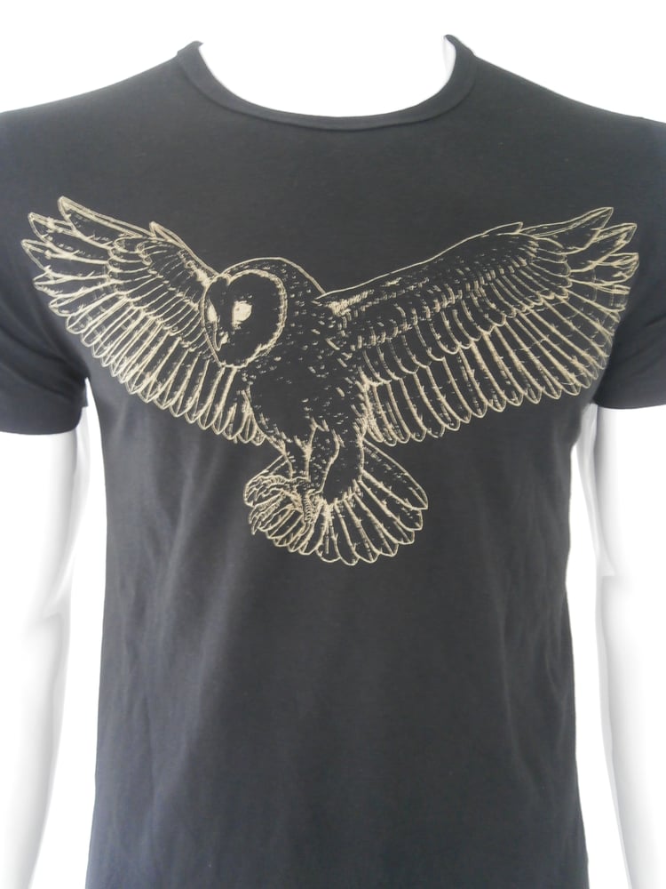 Image of Owl on black tight fitted   mens t shirt