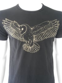 Image 1 of Owl on black slimfit,   mens t shirt