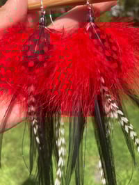 Image 1 of Feather Earrings, Festival Earrings, Colorful Dangle Earrings, Feather Drop Earrings Red Black White