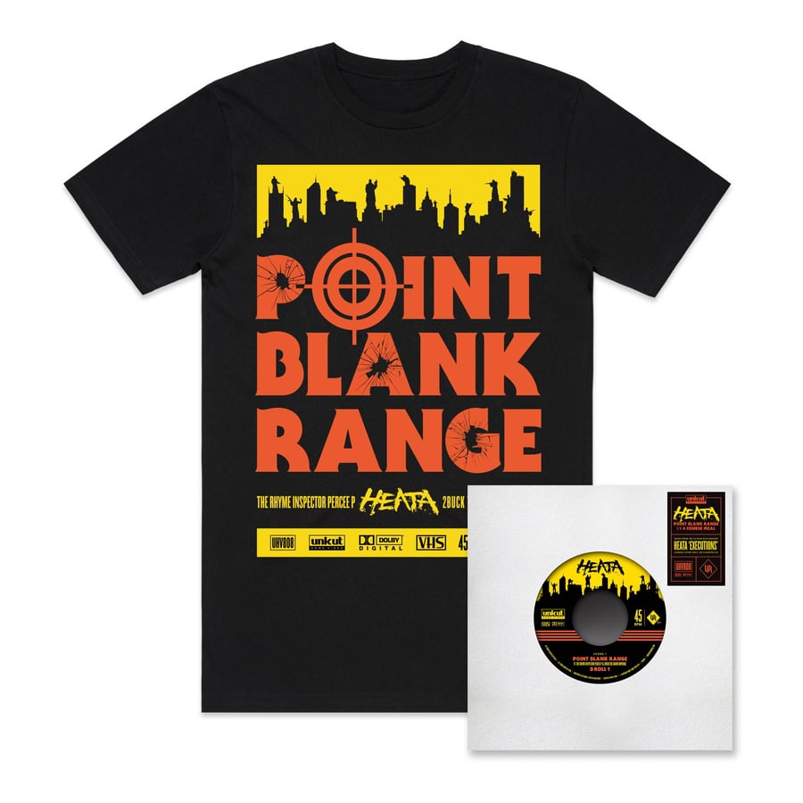Image of HEATA - POINT BLANK RANGE 7" + PBR T-Shirt Combo.