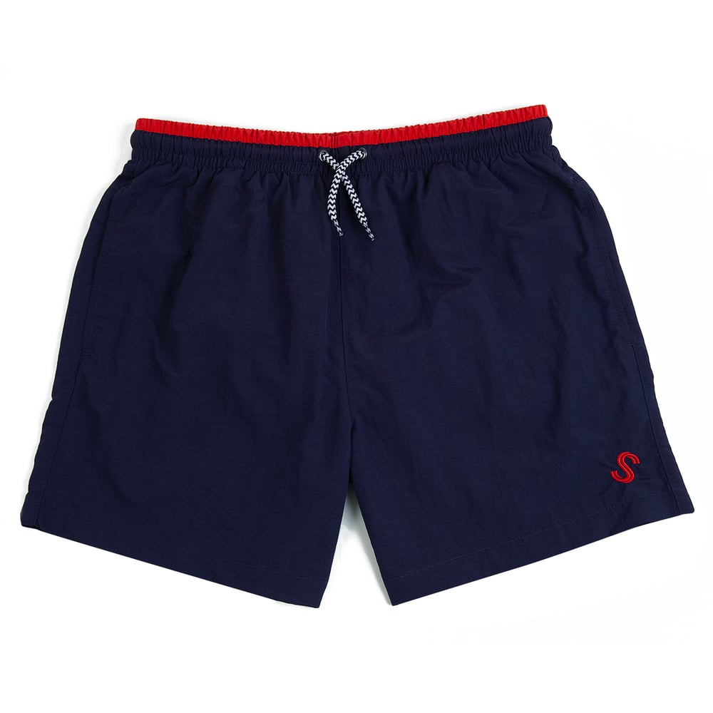 Image of S LOGO SWIM SHORTS - NAVY / RED
