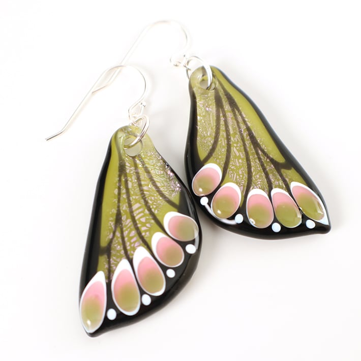 Spring Green and Rose Glass Butterfly Wing Earrings 