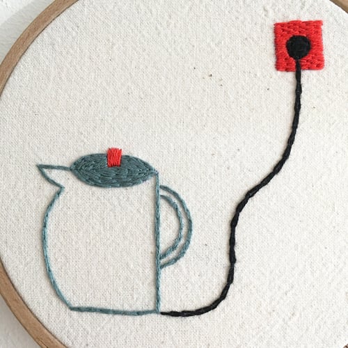Image of Electric tea pot - one of a kind hand embroidered wall hanging, 5'' hoop 
