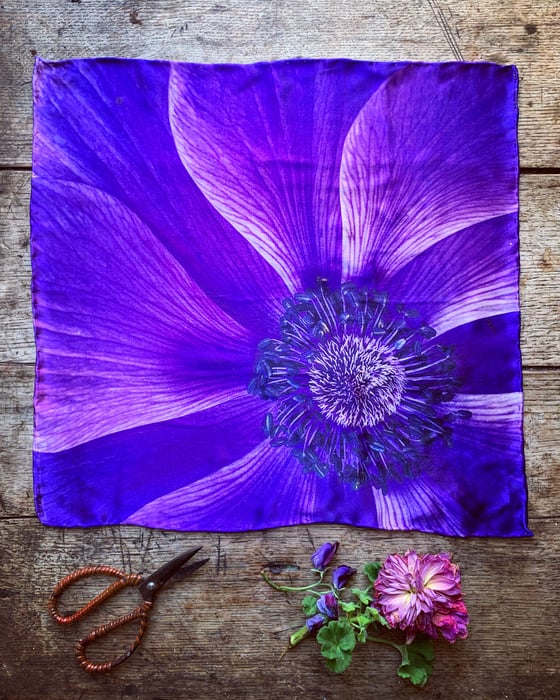 Image of ‘ANEMONE’ - 100% SATIN SILK POCKET SQUARE WITH HAND ROLLED EDGES