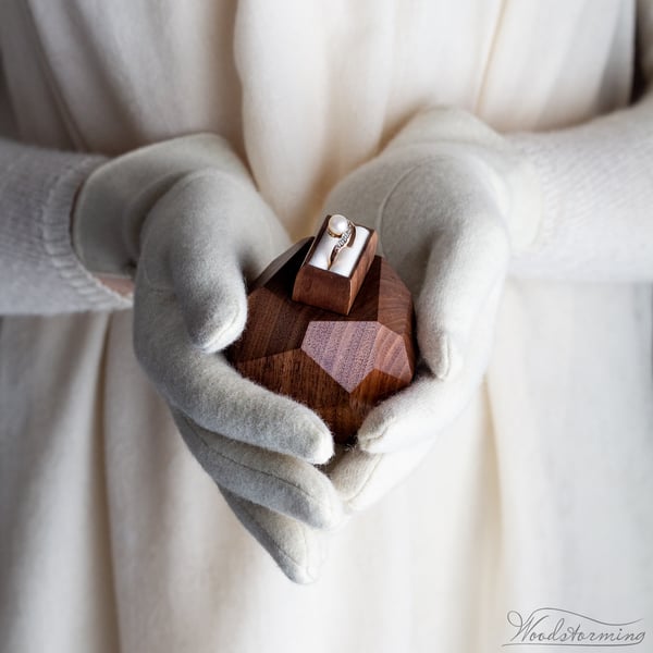 Image of Faceted wood engagement ring box with pull-out drawer - proposal ring box - by Woodstorming