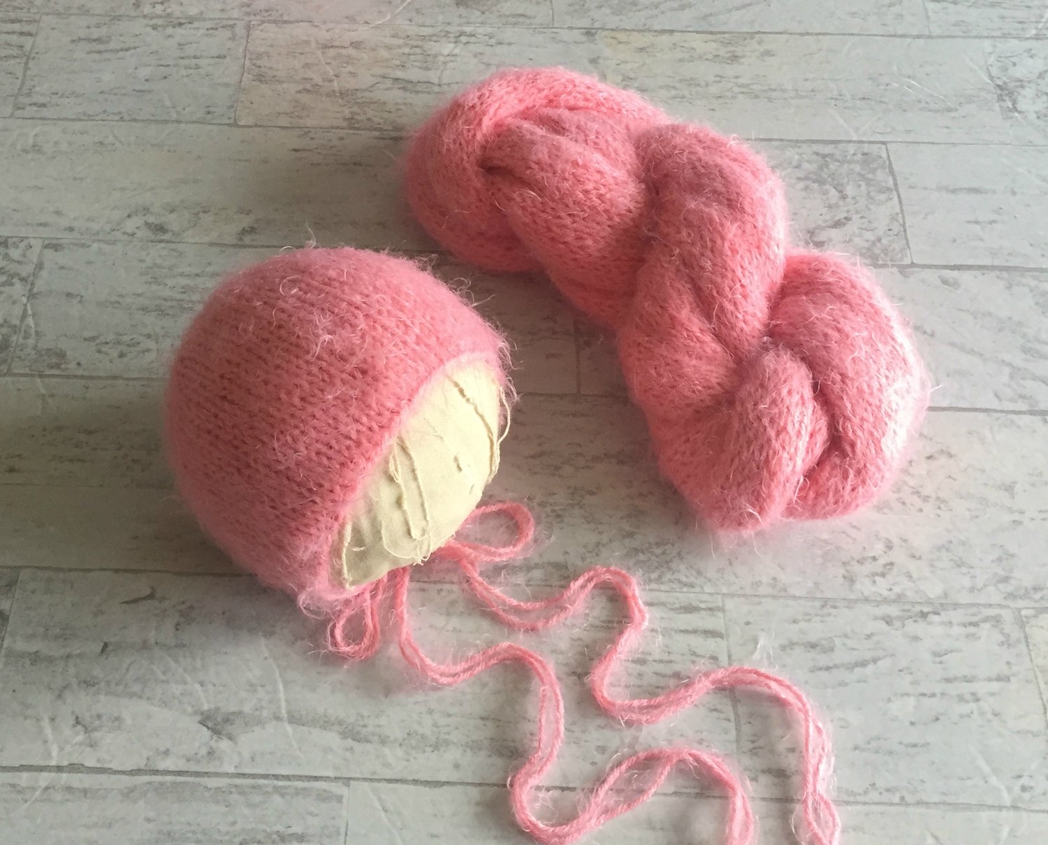 Image of Pink Fuzzy Knit Bonnet and Wrap