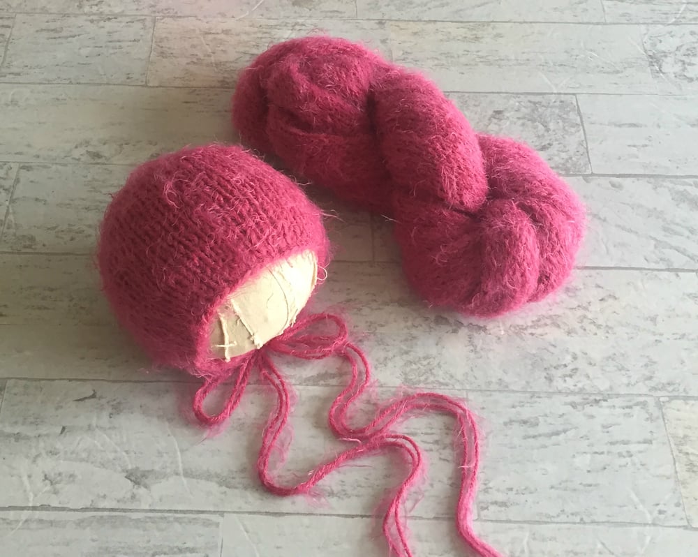 Image of Raspberry Fuzzy Knit Bonnet and Wrap