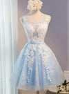 Lovely Blue Tulle Lace Applique Homecoming Dress, Short Prom Dress