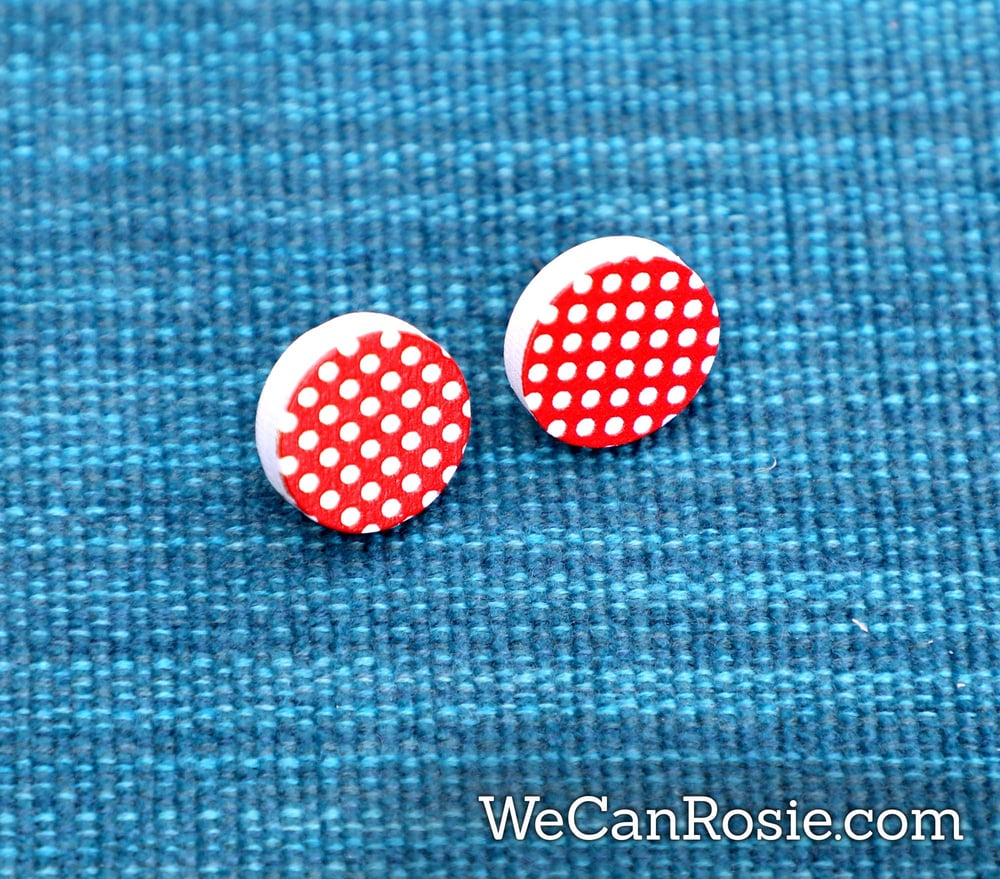 Image of Rosie the Riveter Earrings, Red and White Polka Dot Earrings