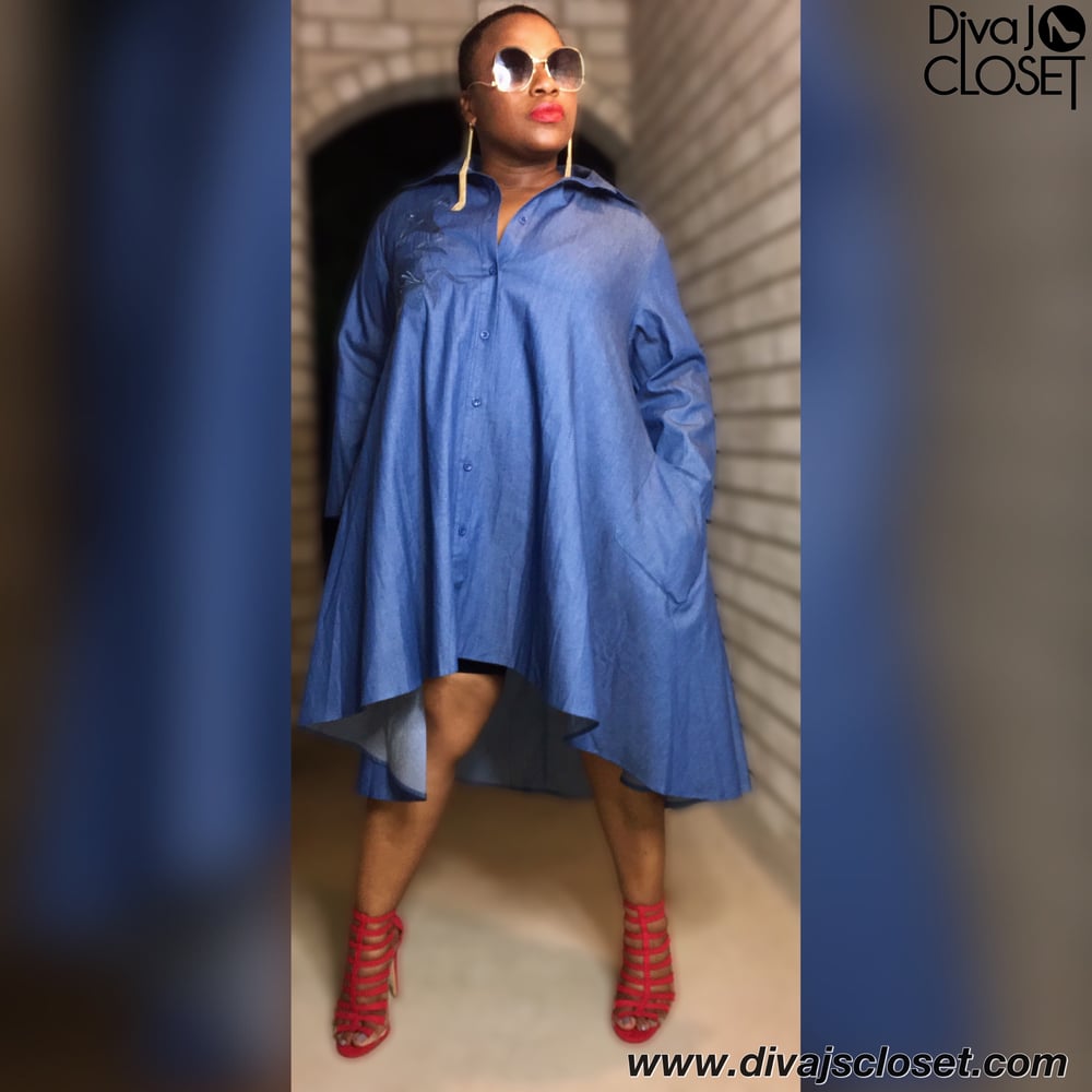 Image of Embroidered Hi Low Chambray Shirt Dress